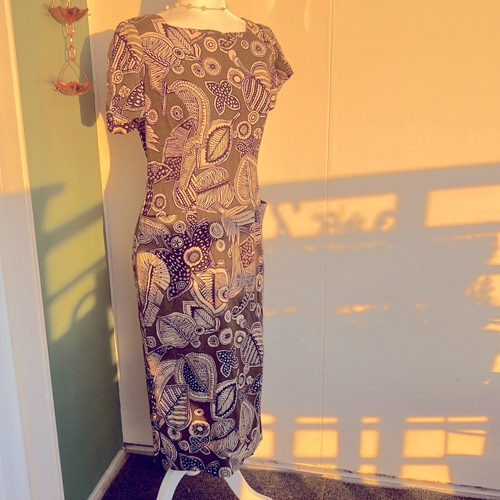 Vintage 80s 90s Olive Green and Black Abstract Botanical Print Midi Dress